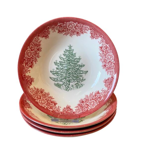 Royal Stafford CHRISTMAS TREE Porcelain Pasta Bowls 9" Red Green Set of 4 NEW - Picture 9 of 10